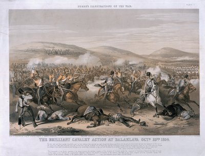 De briljante cavalerieactie bij de Slag om Balaclava, 25 oktober 1854, gegraveerd door Edmund Walker, gepubliceerd 1854 door Henry Martens